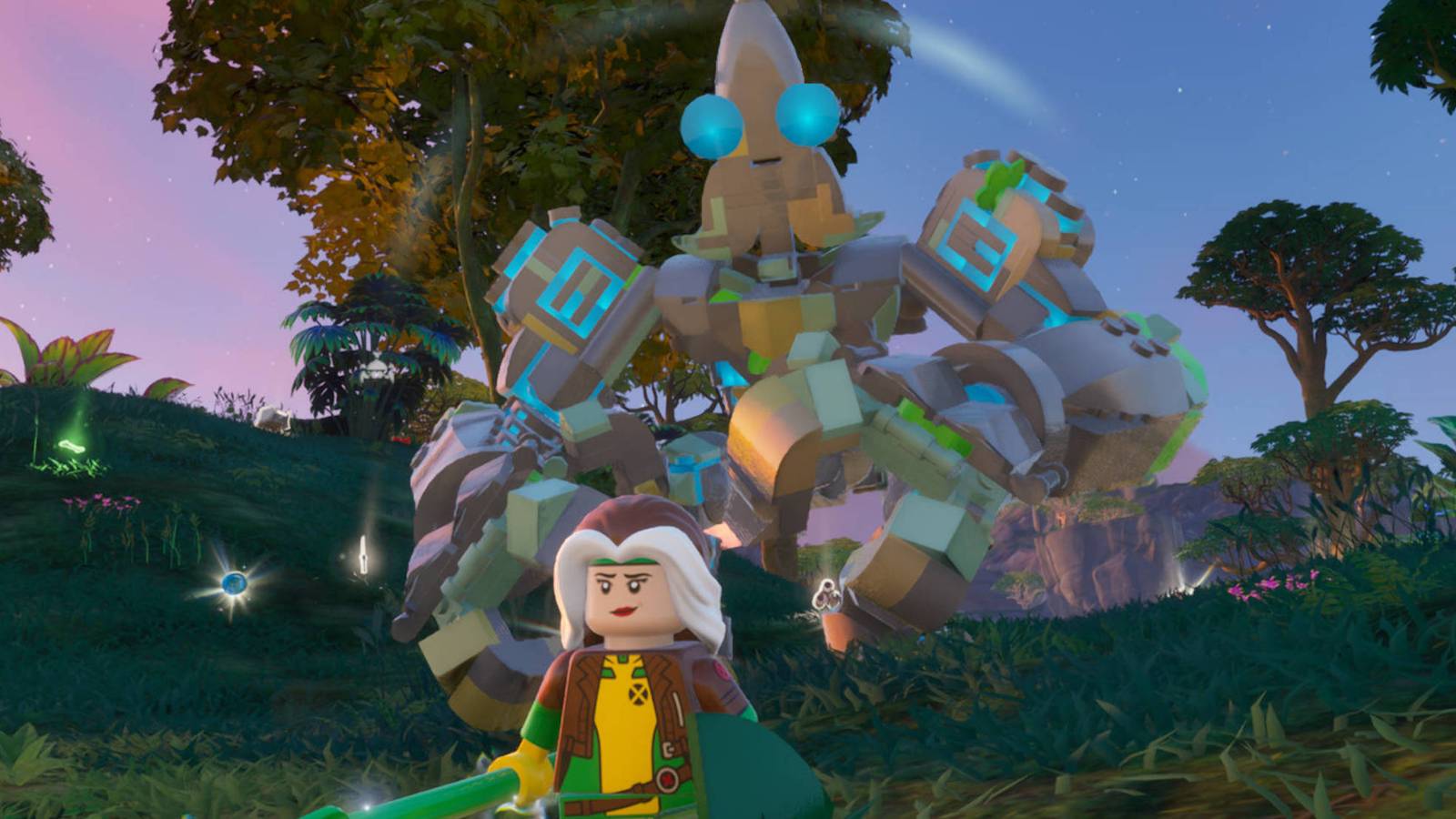 LEGO Fortnite Golems: A banana golem is chasing Rogue.