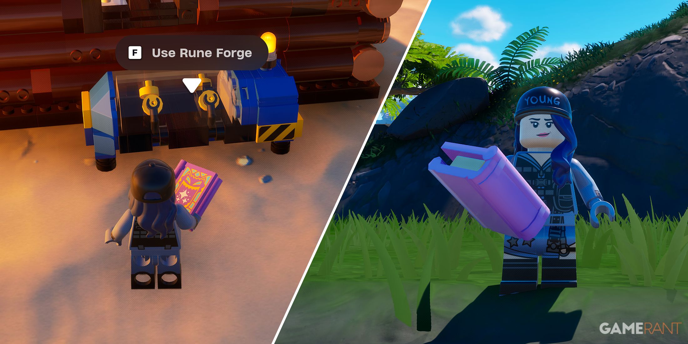 Split-image showcasing the Rune Forge and a Klombo Rune Tome in LEGO Fortnite