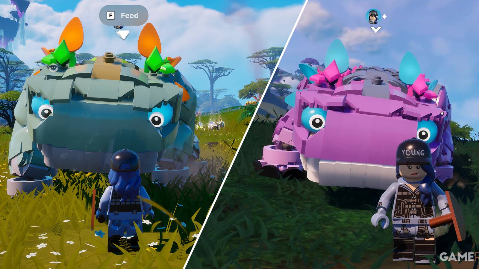 Split-image showcasing Klombo in LEGO Fortnite