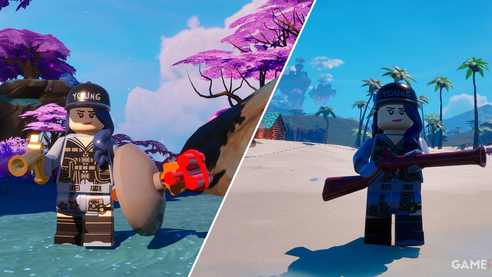 Screenshot showcasing the Boom Shield, the Flint-Knock Pistol, and the Pirate Musket in LEGO Fortnite