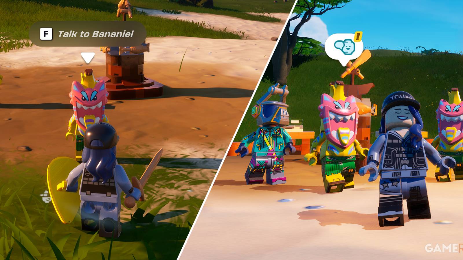 Split-image showcasing the NaNa Village in LEGO Fortnite