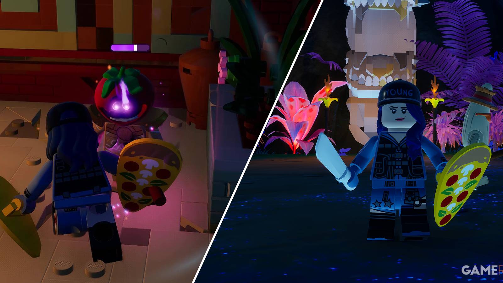 Split-image showcasing Wild-Storm Tomatoes, the Explorer's Machete, and the Knockback Shield in LEGO Fortnite