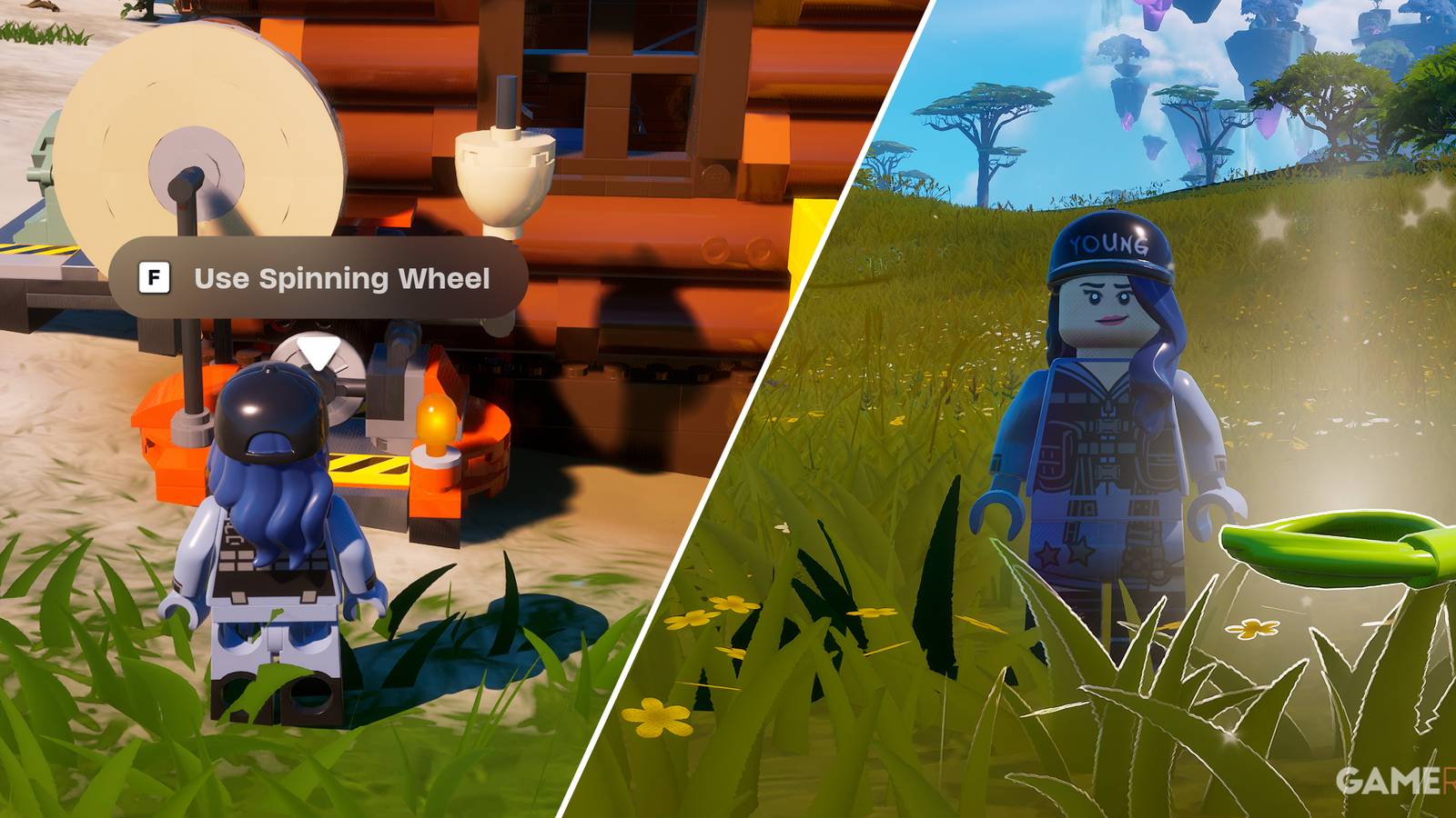 Split-image showcasing the Spinning Wheel and Cord in LEGO Fortnite