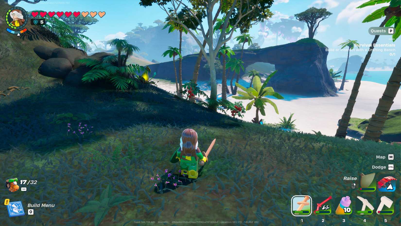 Rogue has found some tomatoes near a beach in LEGO Fortnite.