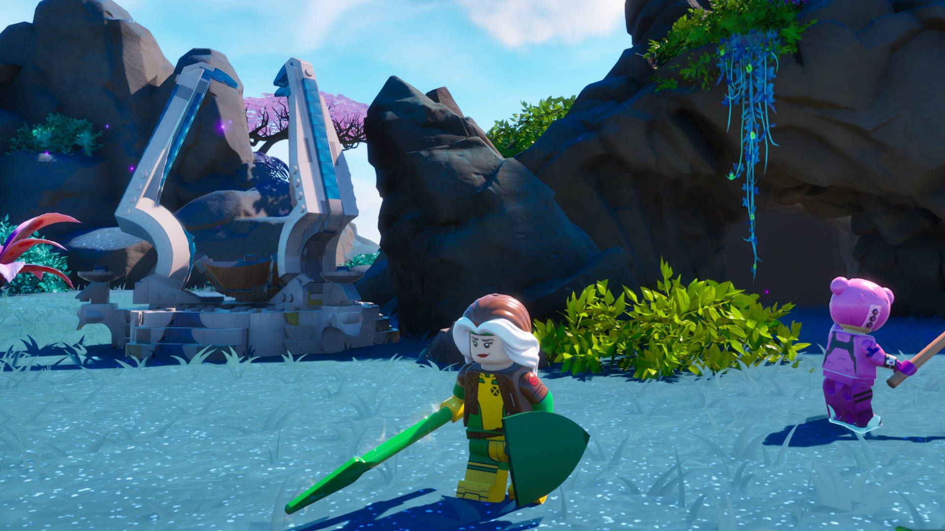 LEGO Fortnite Tomes: Rogue and a companion are standing next to a Rift Shrine near a Beast Den.