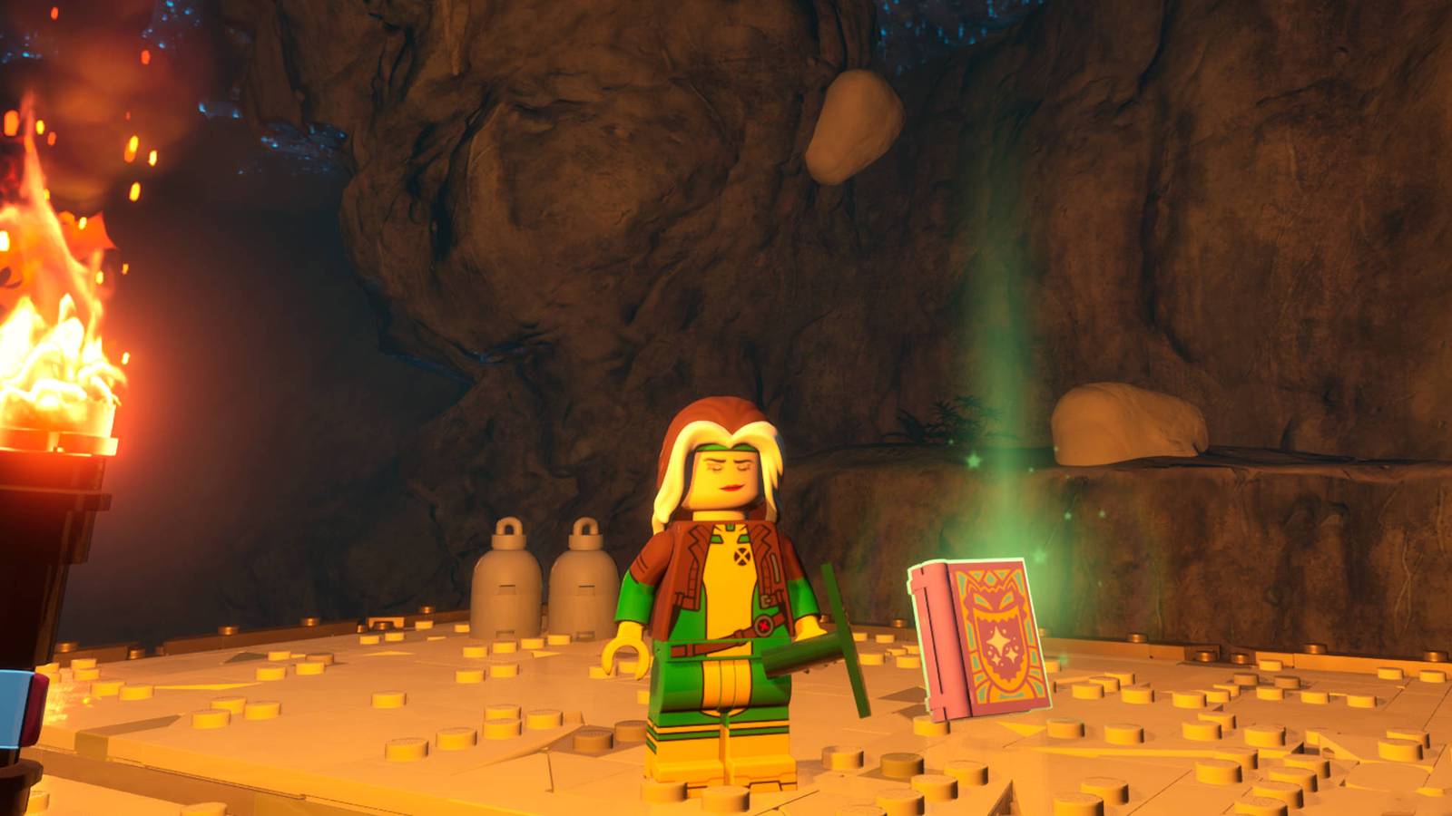 LEGO Fortnite Tomes: Rogue is standing next to a Tome in a cave.