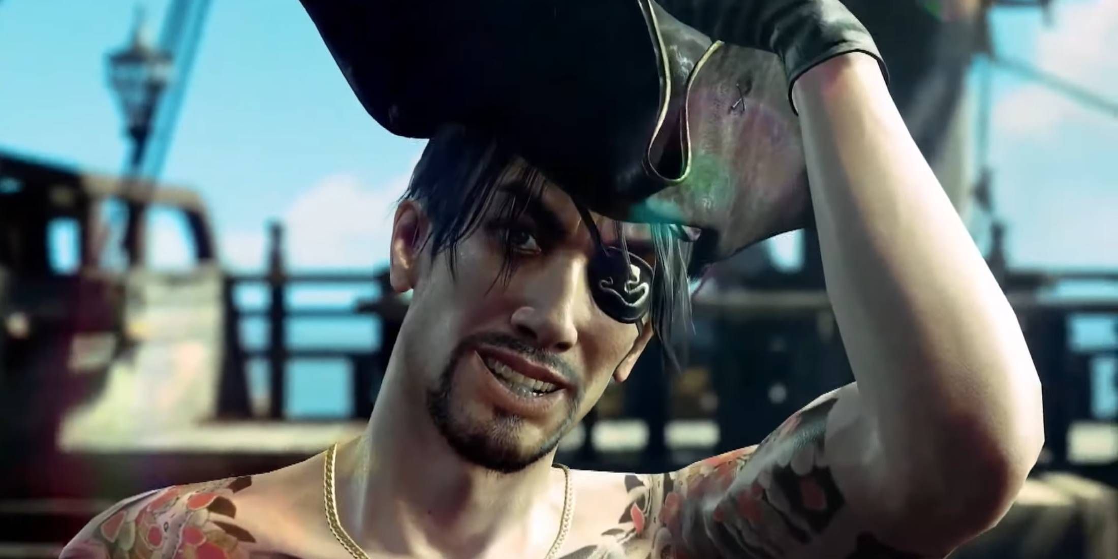 Majima donning a pirate hat in Like a Dragon: Pirate Yakuza in Hawaii