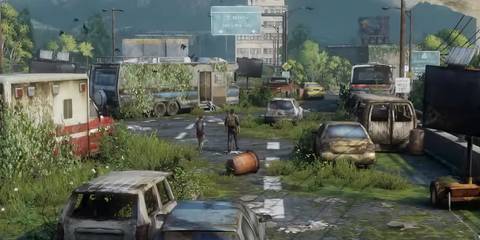 joel and ellie walking through an abandoned town