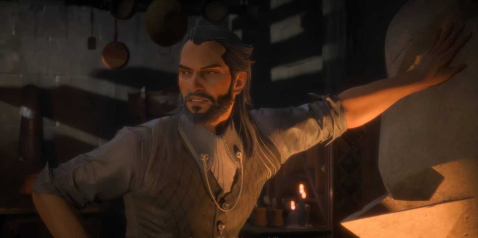 Lucanis Dellamorte of Dragon Age The Veilguard in fireplace scene 