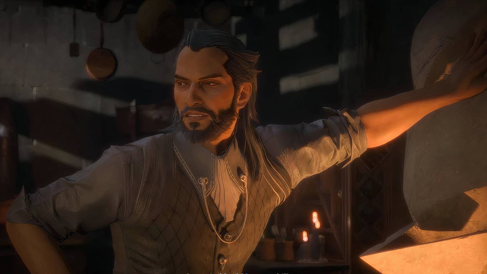 Lucanis Dellamorte of Dragon Age The Veilguard in fireplace scene 