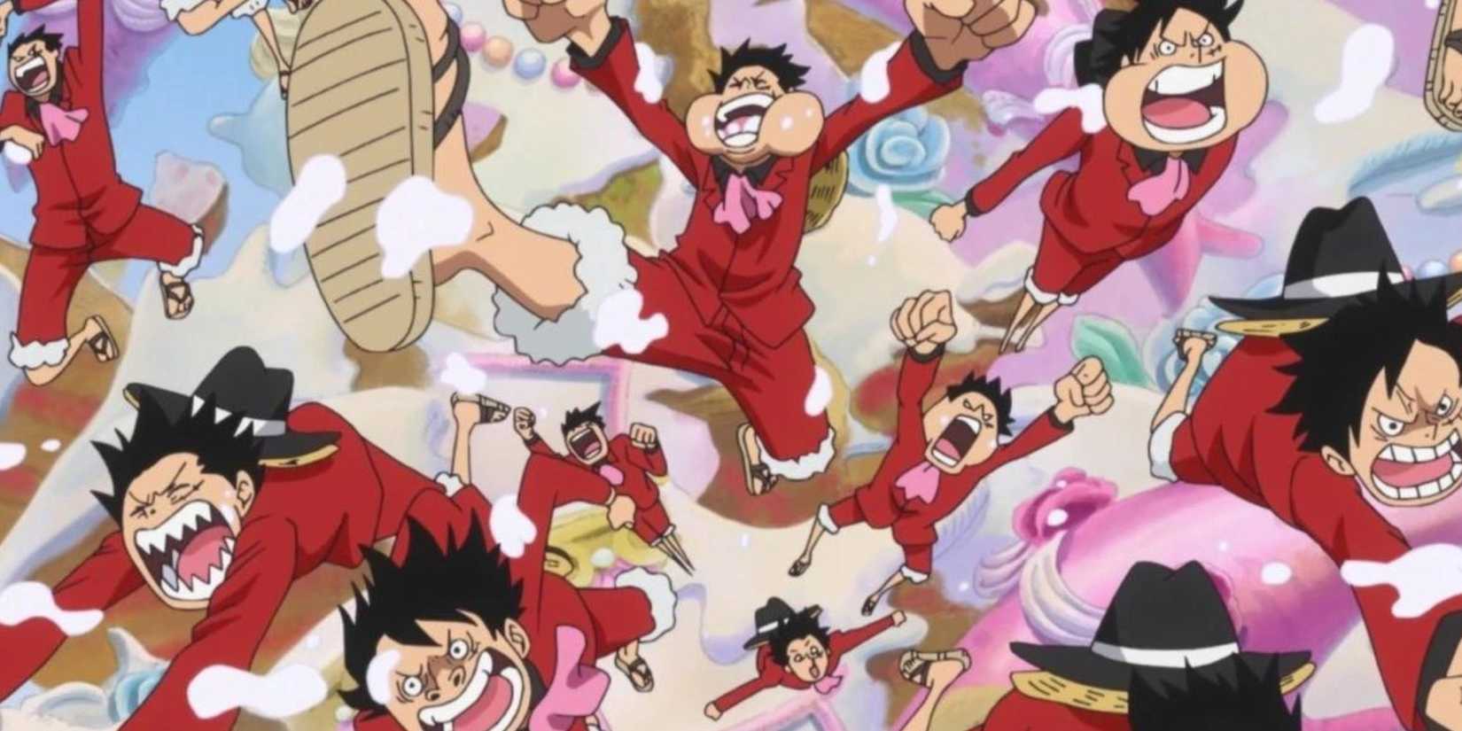 Luffy and his mirror copies break out of Big Mom's wedding cake.