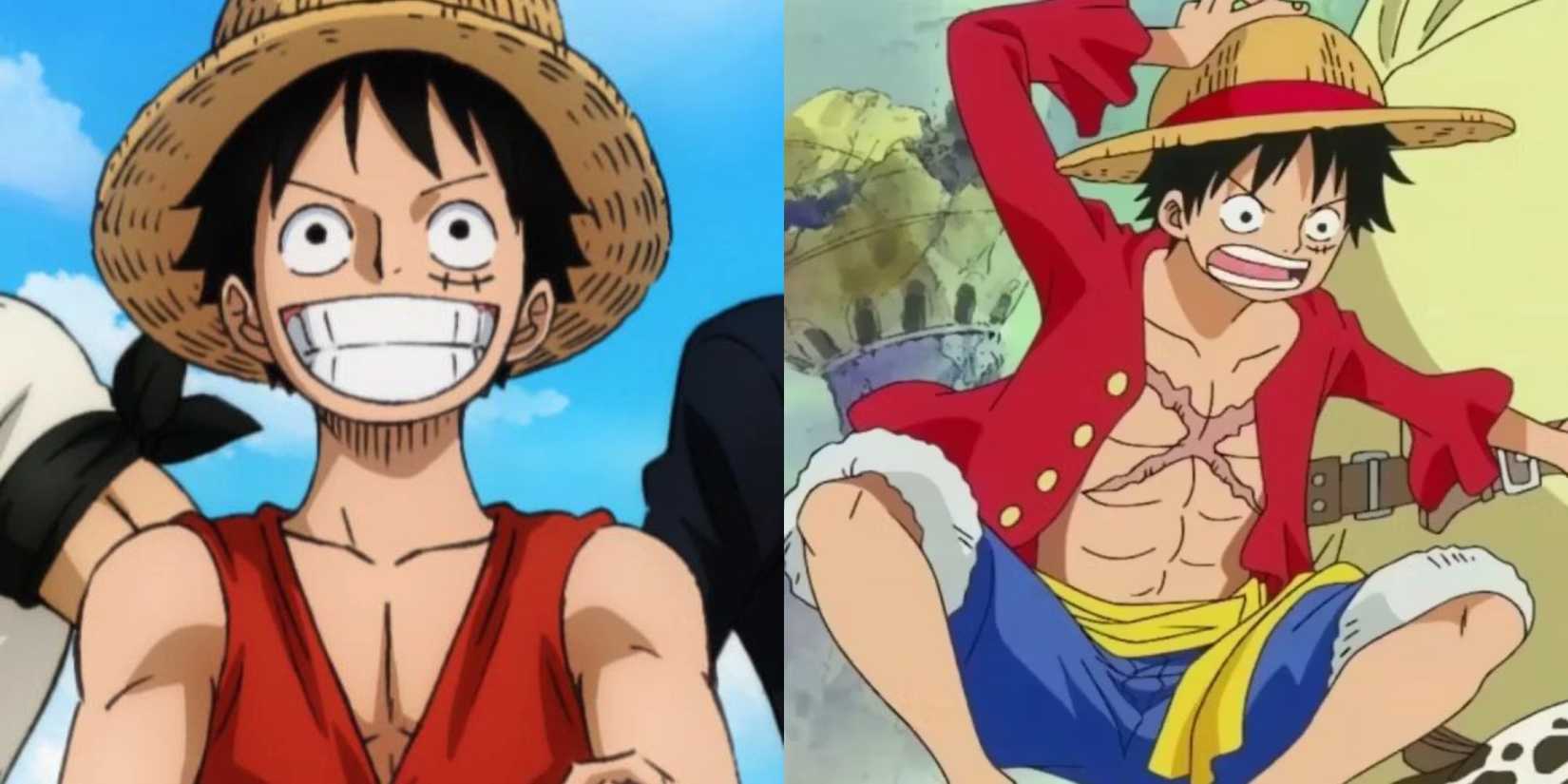 Luffy's signature outfits, both before and after the Timeskip.