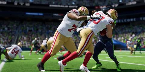 San Francisco 49er defenders making a tackle in Madden