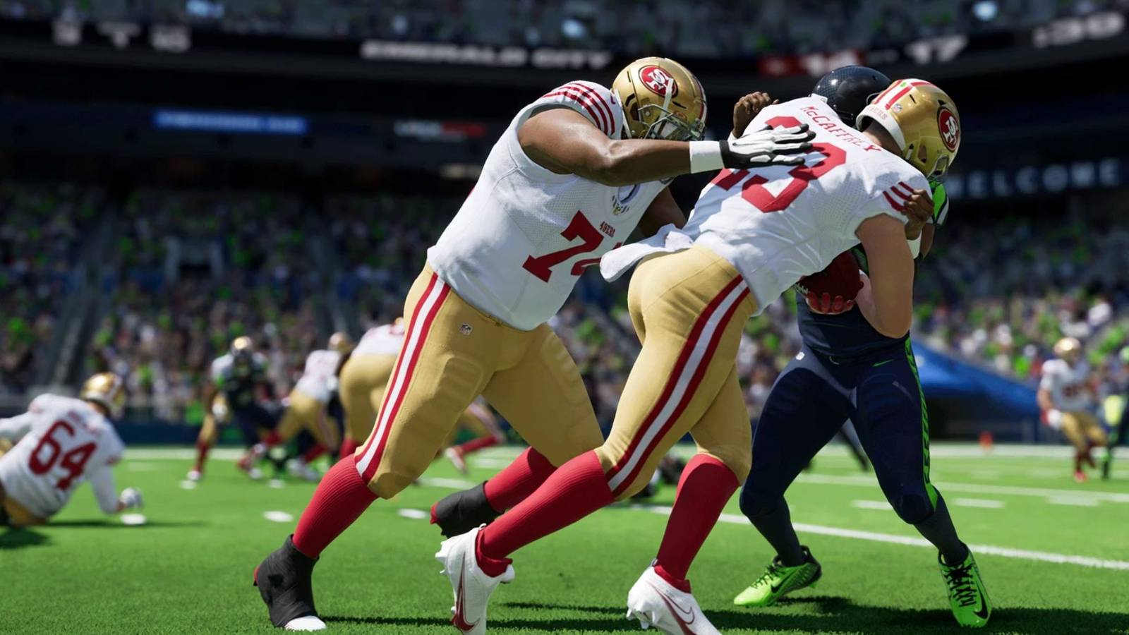 San Francisco 49er defenders making a tackle in Madden