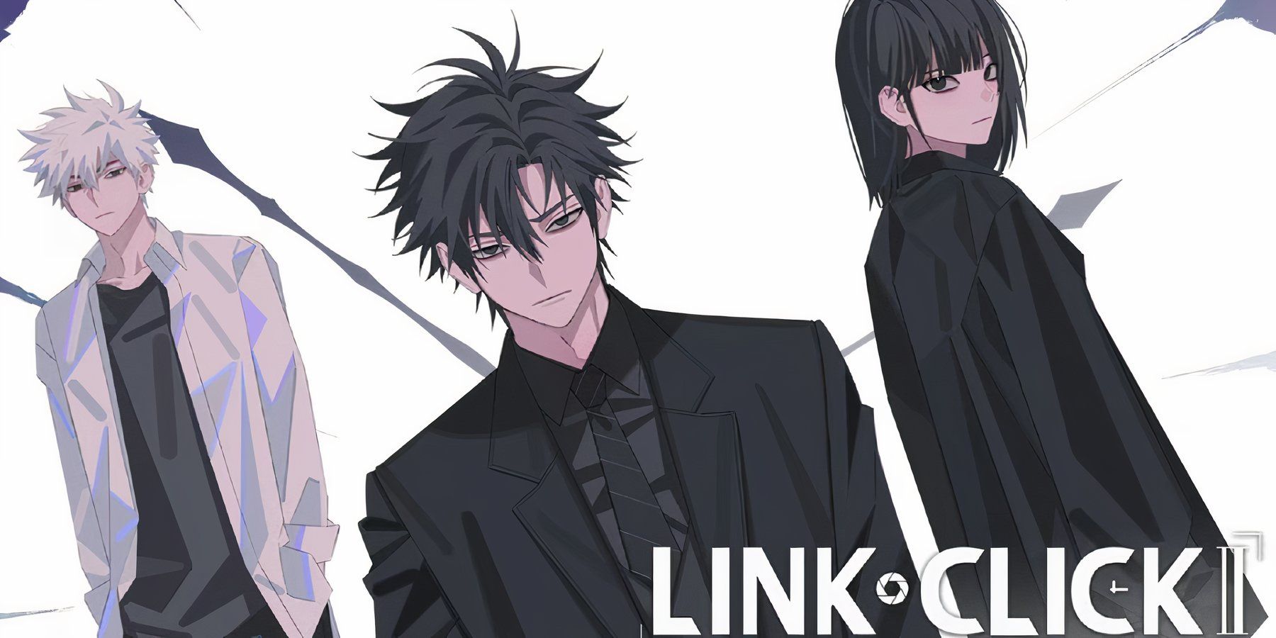 The main characters of Link Click pose in black and white clothing for the cover photo.