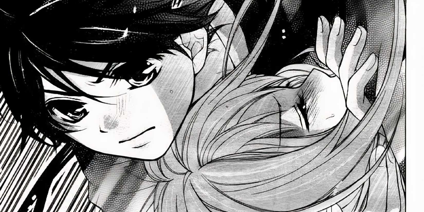 male character of Ayakashi Hisen saving the female character from a ghoul.