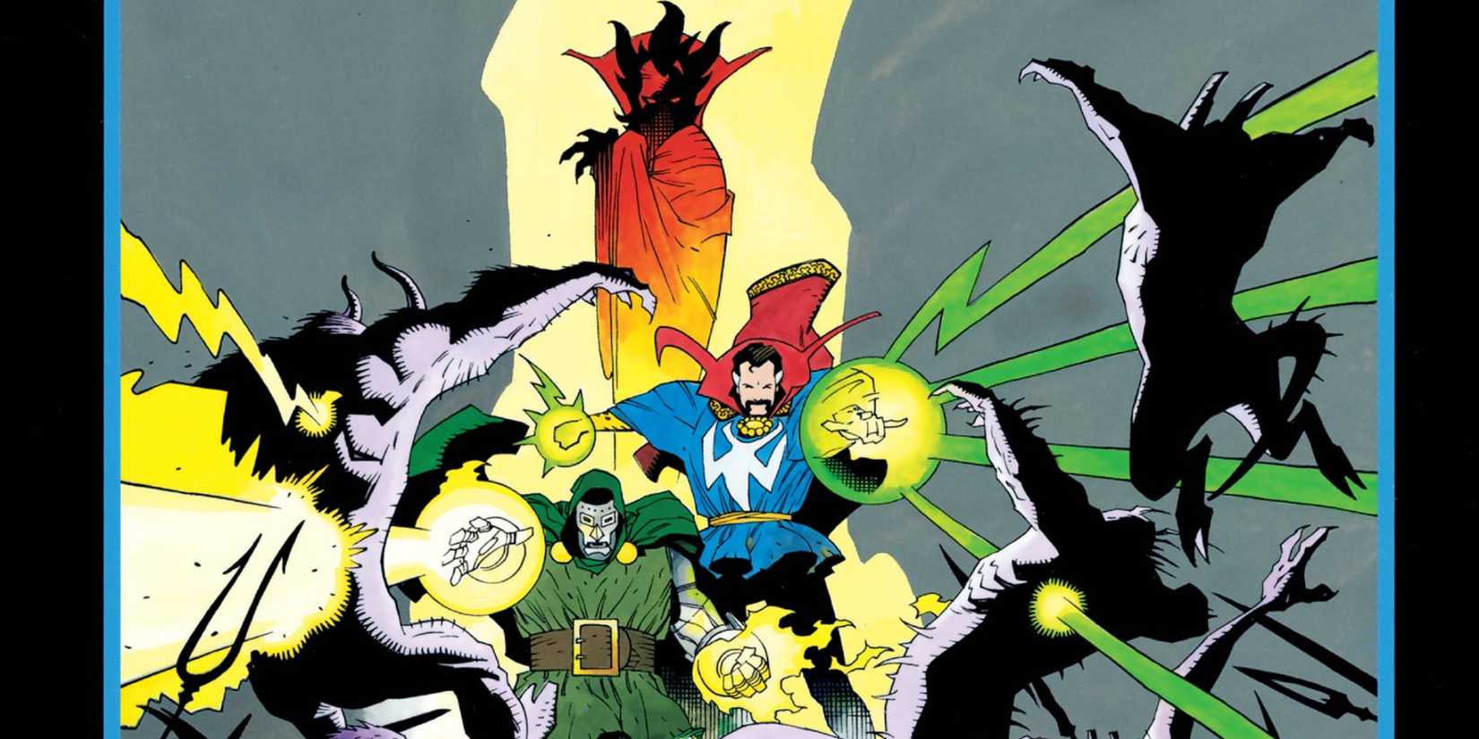 Mephisto watching Strange and Doom fight demons