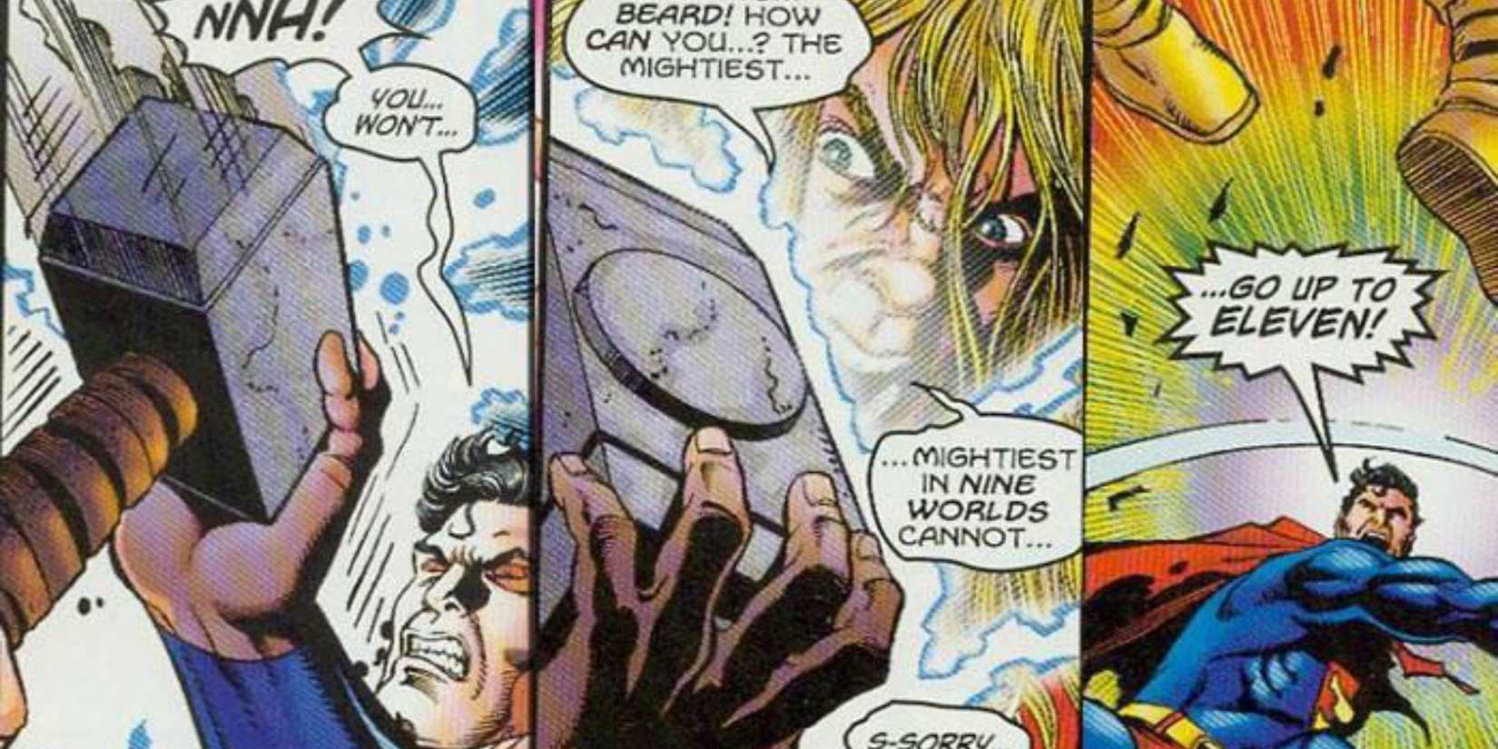 Superman catching Thor's hammer