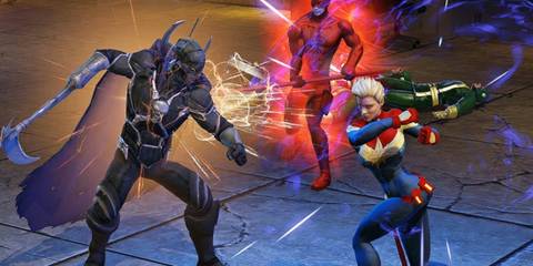 Captain Marvel (right), Daredevil and Black Panther (left) do battle