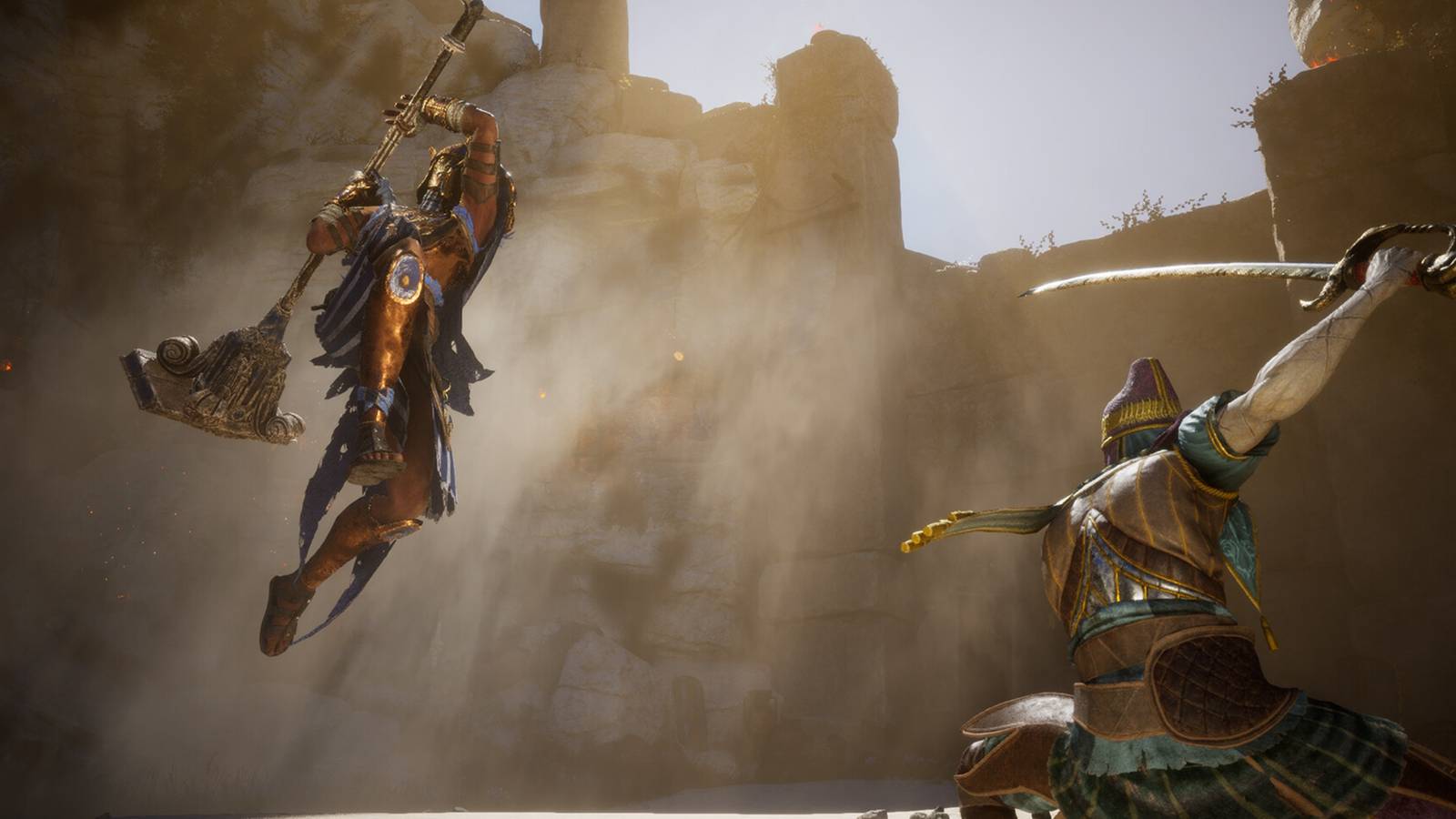 maskless one prepares an attack for a leaping gladiator