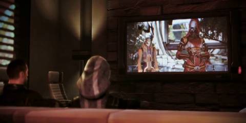 Tali and Shepard watching TV in Mass Effect 3 Citadel