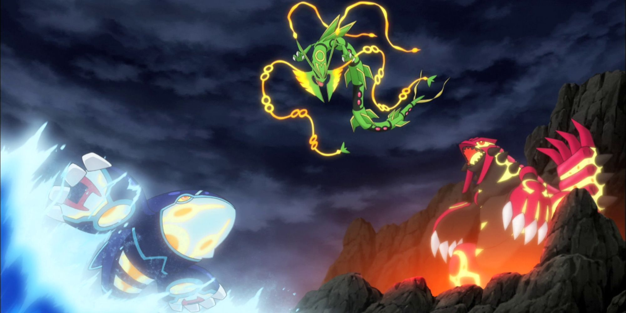 Mega Rayquaza, Primal Kyogre and Primal Groudon in the Pokemon anime.