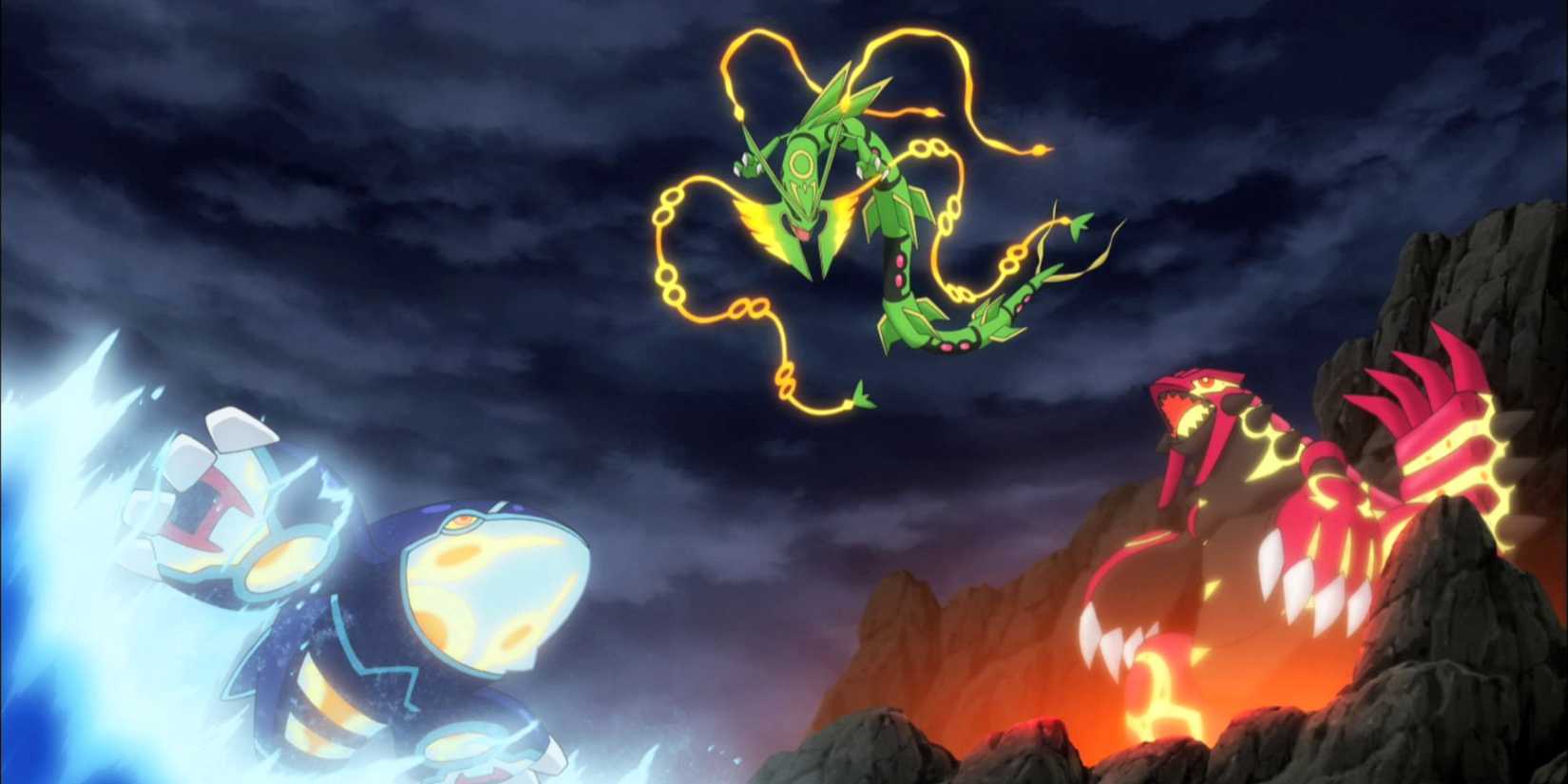 Mega Rayquaza tries to calm down Primal Kyogre and Primal Groudon in the anime.