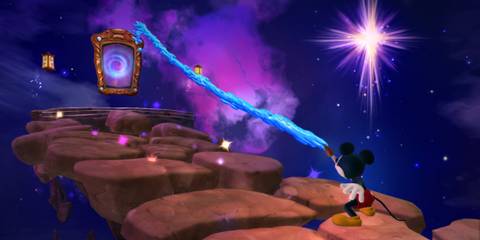 Mickey fires a paint stream at a portal door