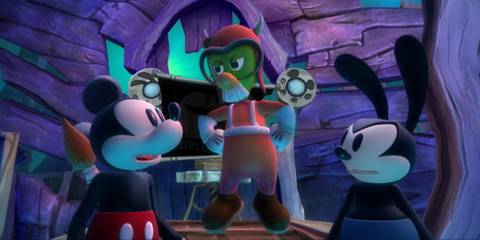 Mickey and Oswald talking to a mine shaft worker