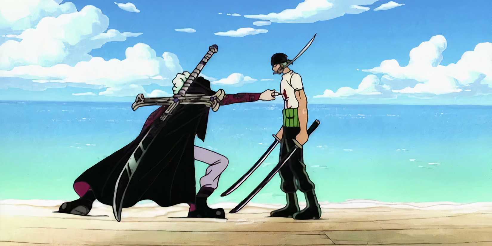 Mihawk's stabbing Zoro from One Piece in the chest.