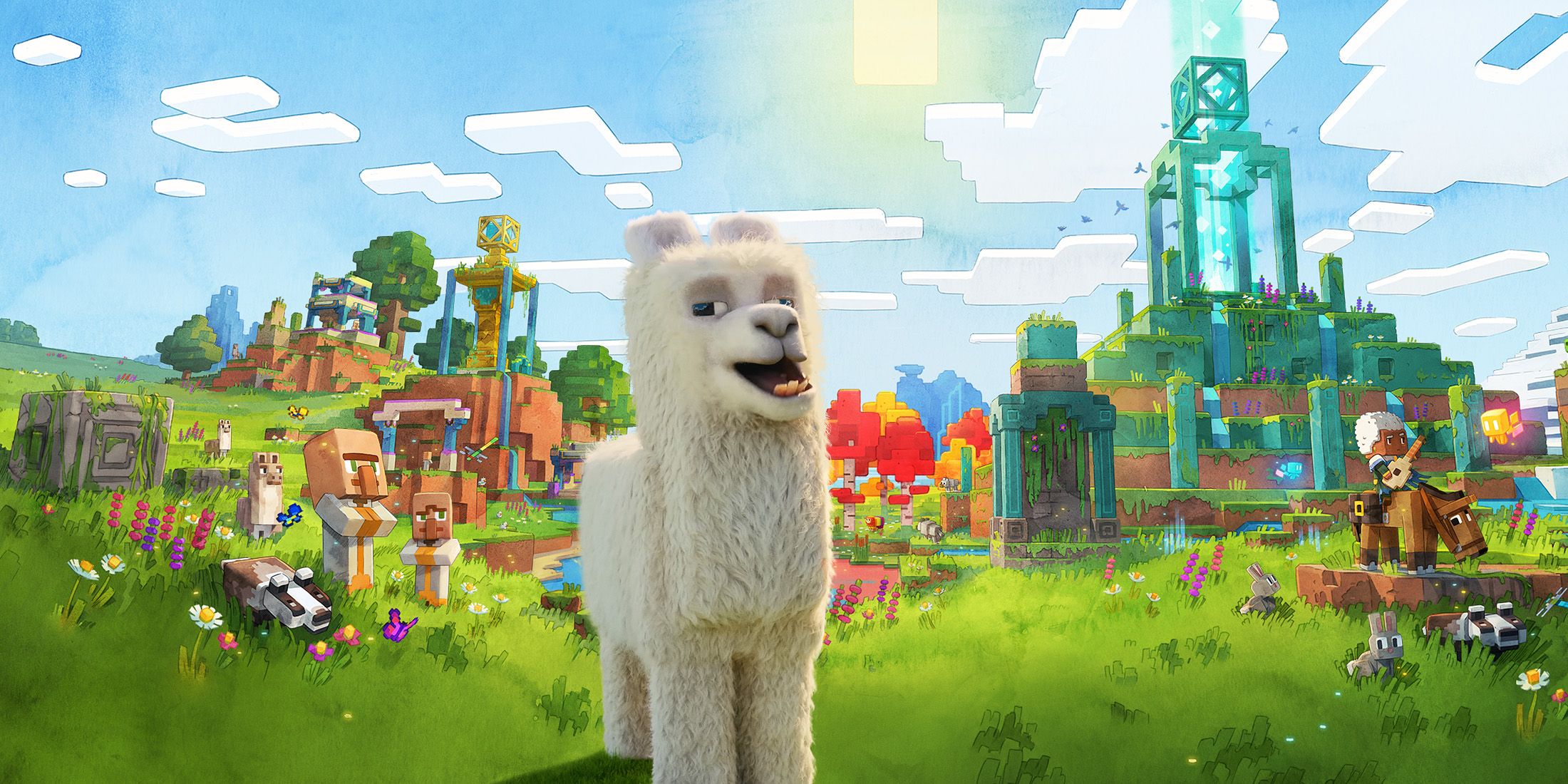 Minecraft movie llama in front of the sandbox world