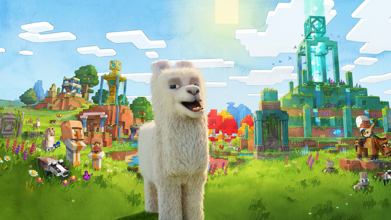 minecraft movie llama in front of sandbox world