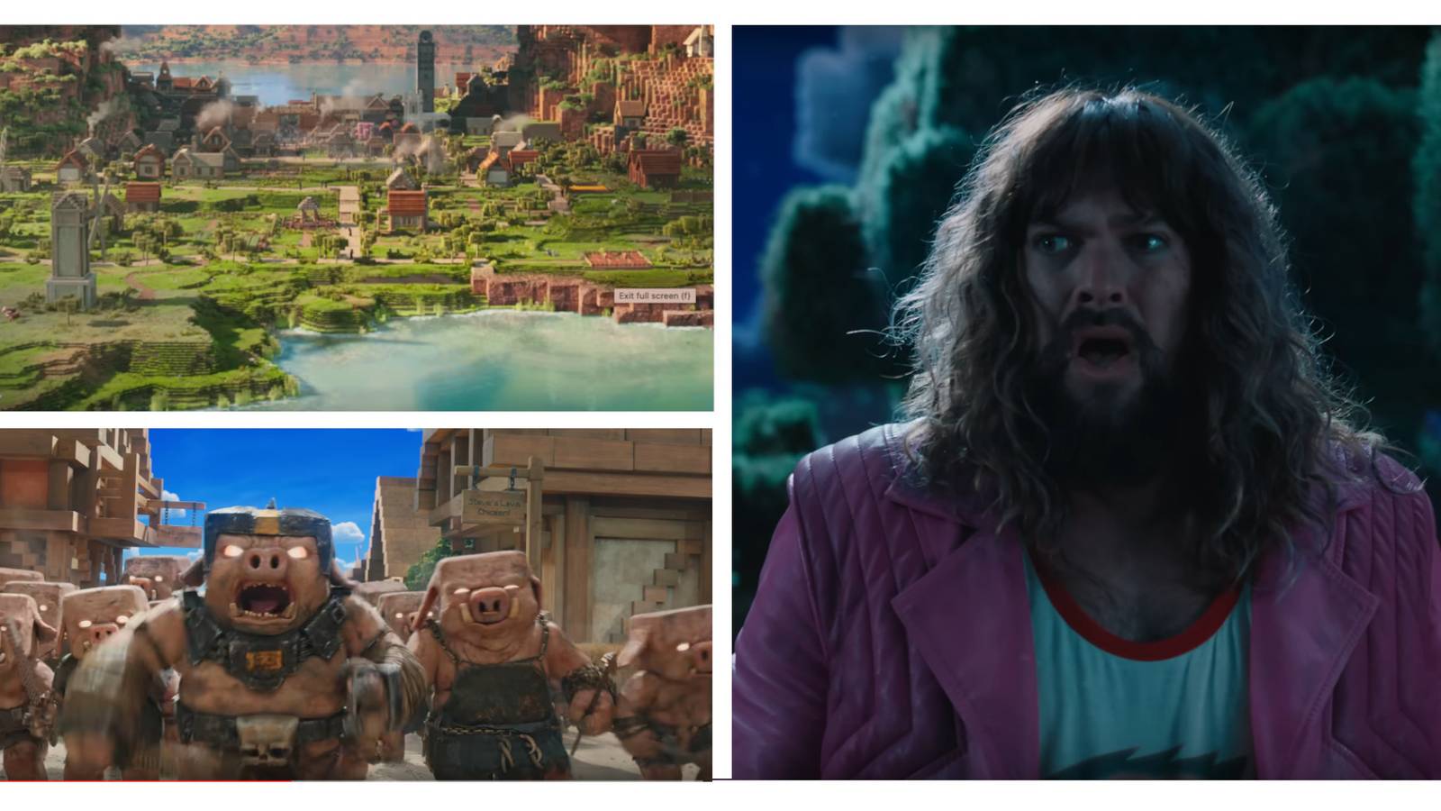 Top-Left: A Minecraft Village. Bottom-Left: Piglins raiding a village. Right: Jason Moma. Image Source: Warner Bros. Studios