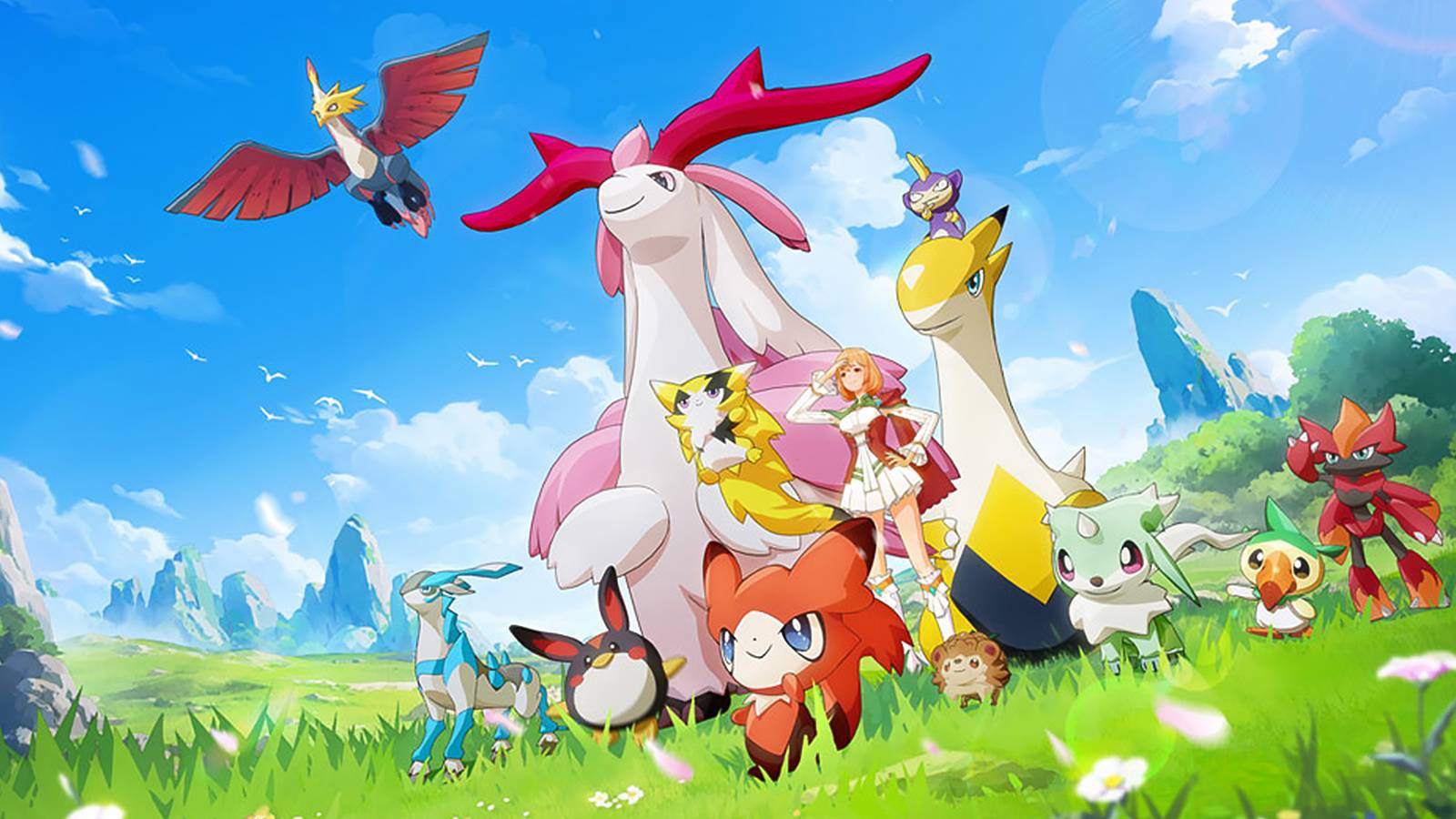Miraibo GO key art many creatures at sunny meadow