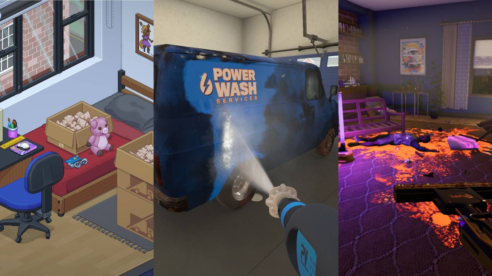 Unpacking bedroom boxes, Powerwash Simulator cleaning van, Crime Scene Cleaner bloody body in bedroom