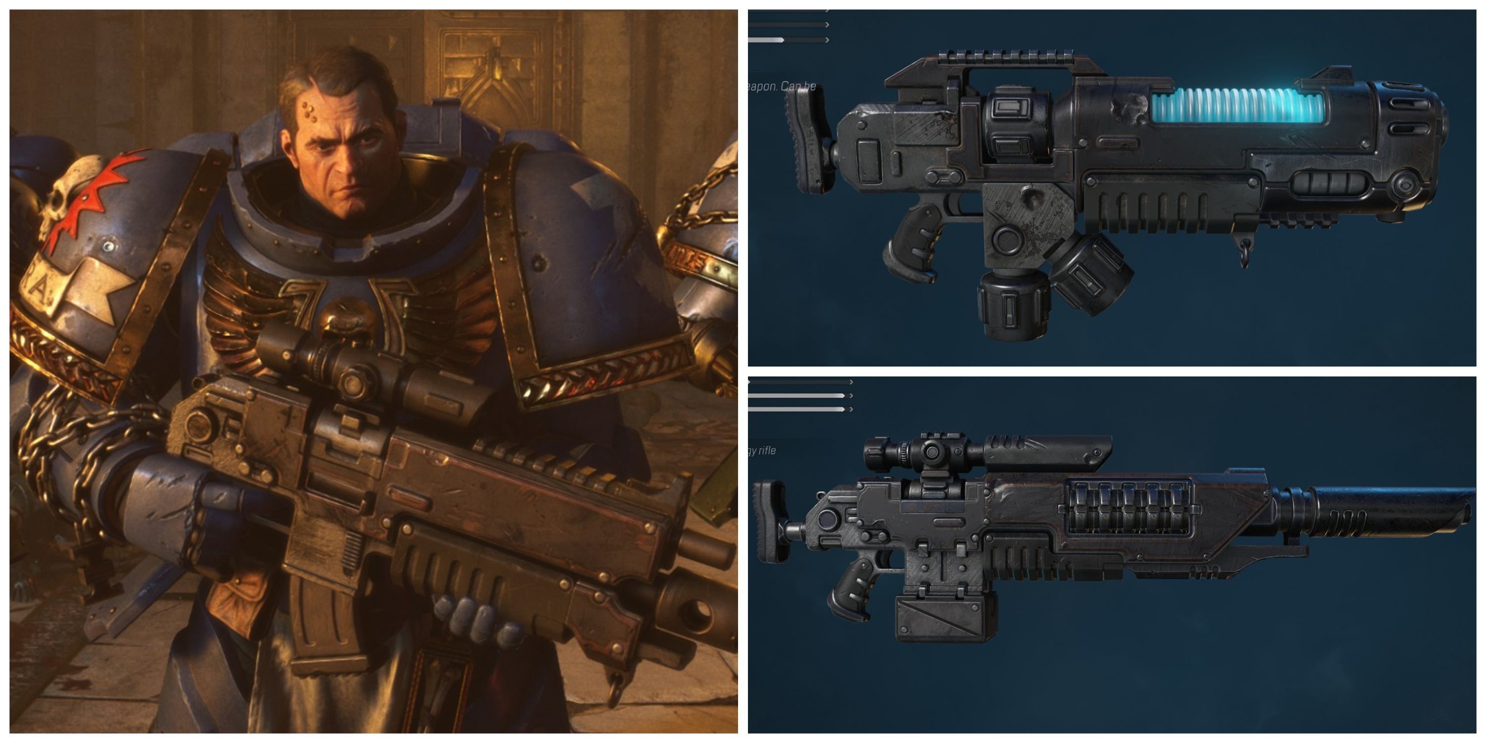 titus with a bolter rifle, plasma rifle, las fusil