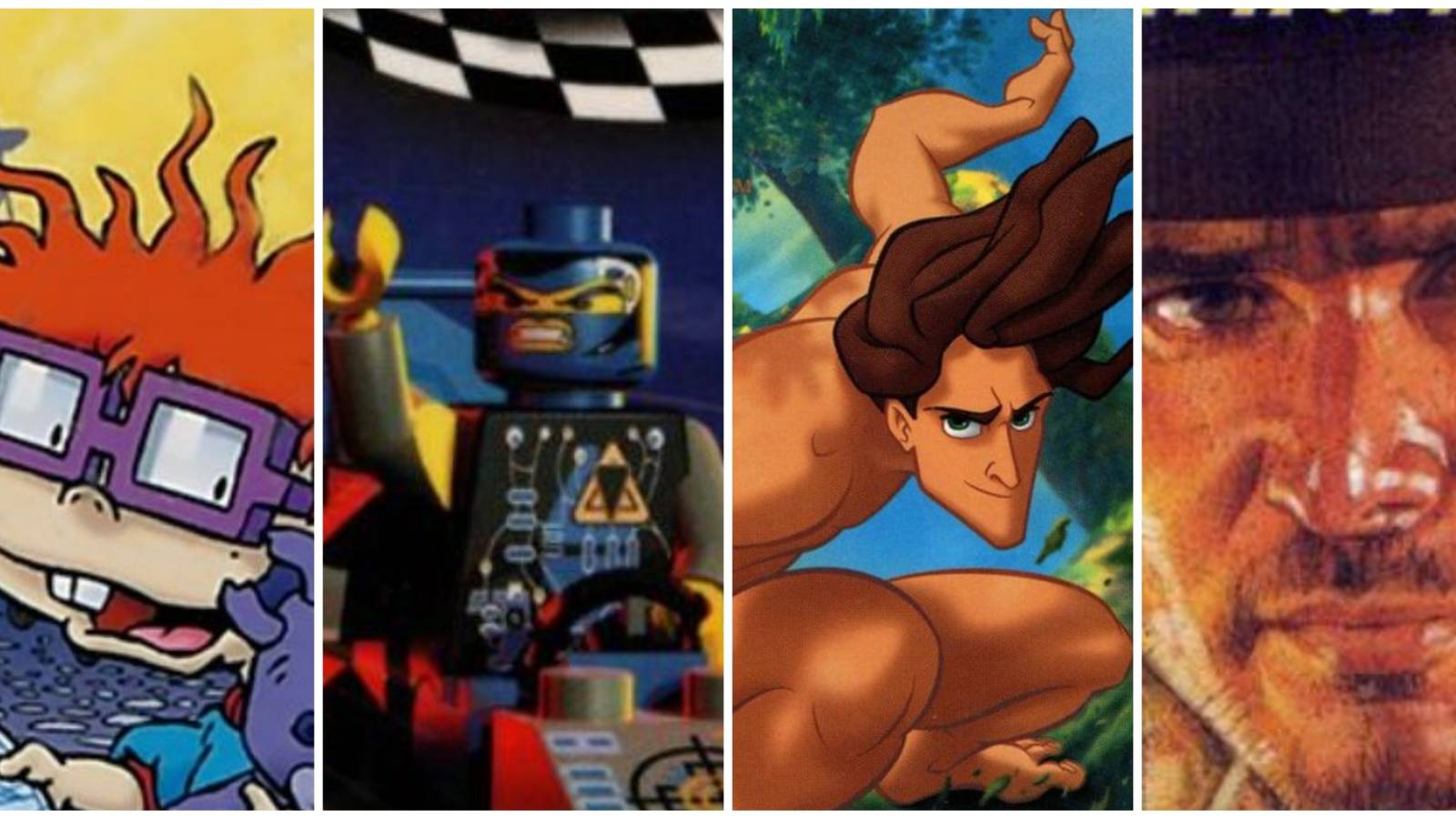 A collage of images of box art from the licensed Nintendo 64 games Rugrats in Paris, Lego Racers, Tarzan and Indiana Jones and the Infernal Machine