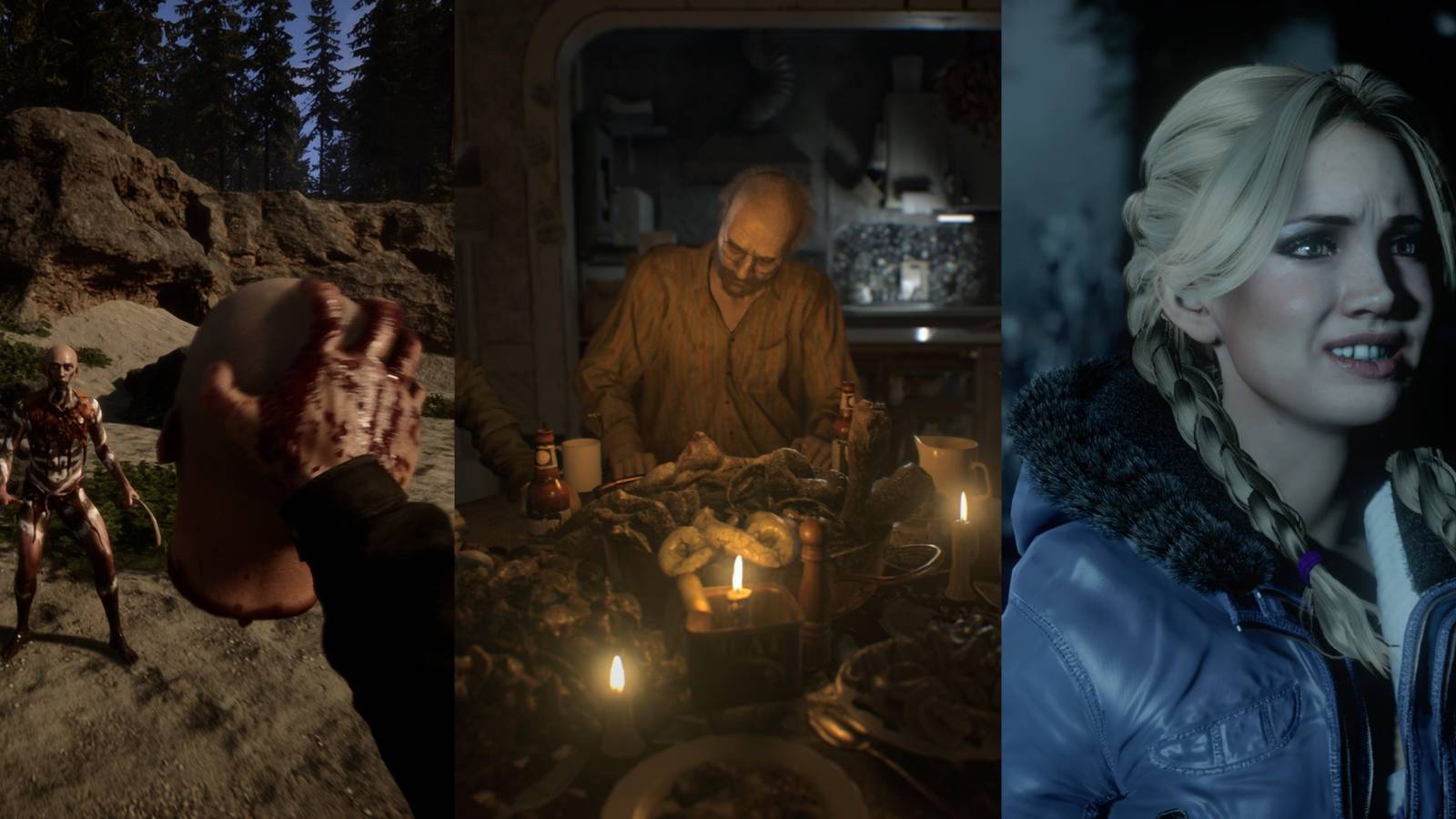 Sons Of The Forest holding cannibal head, Resident Evil 7: Biohazard cannibal dinner, Until Dawn Jessica