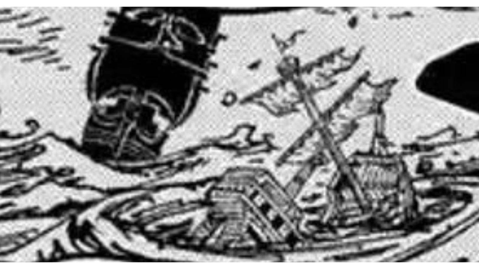 An all-black ship near another ship caught in a whirlpool, an imagined visual associated with the Man Marked By Flames
