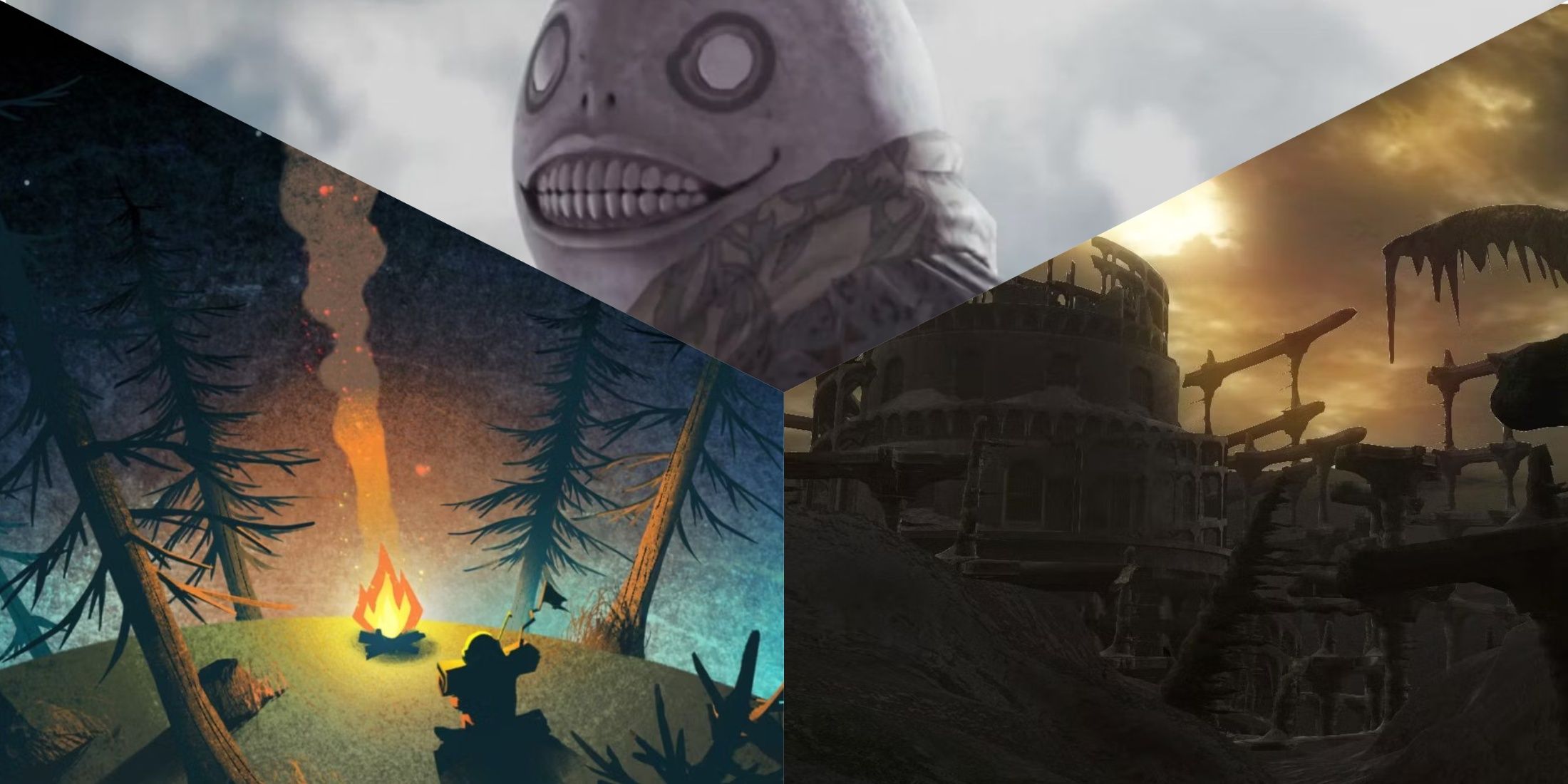 3-way split image of Outer WIlds, Nier and Dark Souls