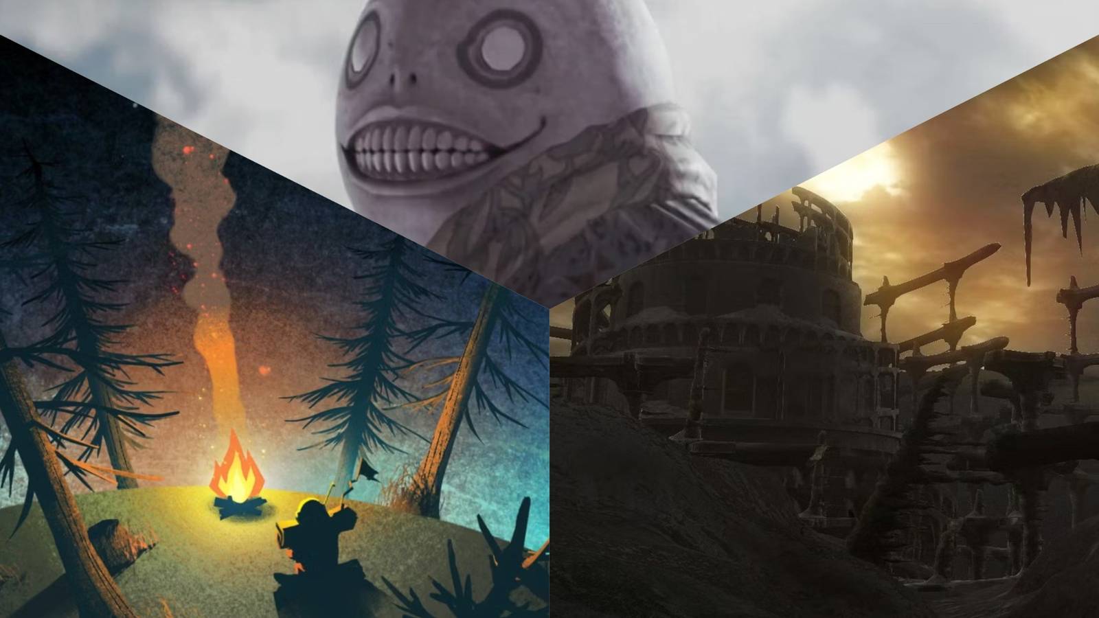 3-way split image of Outer WIlds, Nier and Dark Souls
