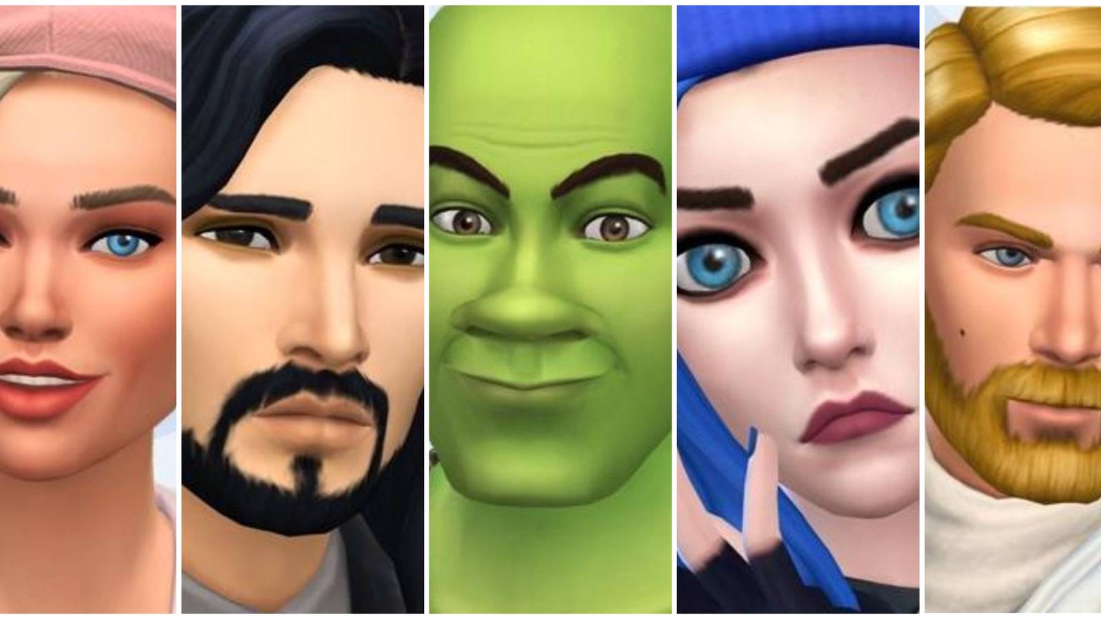 A collage of the characters Barbie, Jon Snow, Shrek, Jinx and Obi-Wan Kenobi made in The Sims 4 