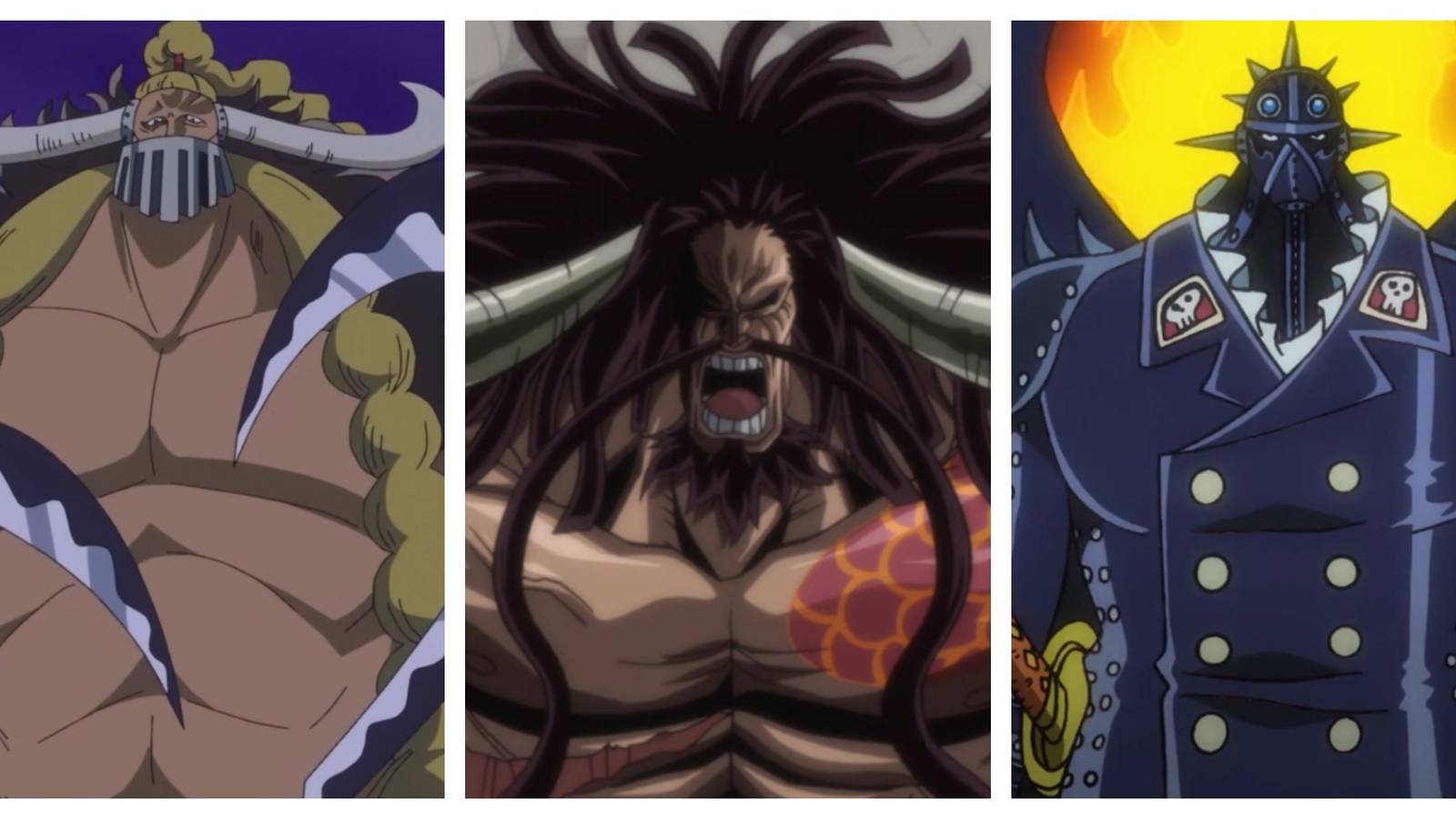 Jack, Kaido, and King three members of the Beasts Pirates with different species