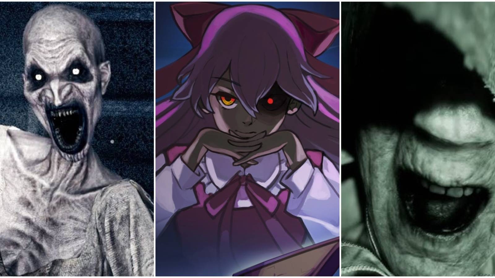 A pale, demon witch, a pink-haired witch with one red eye, and a witch with a hooded cloak