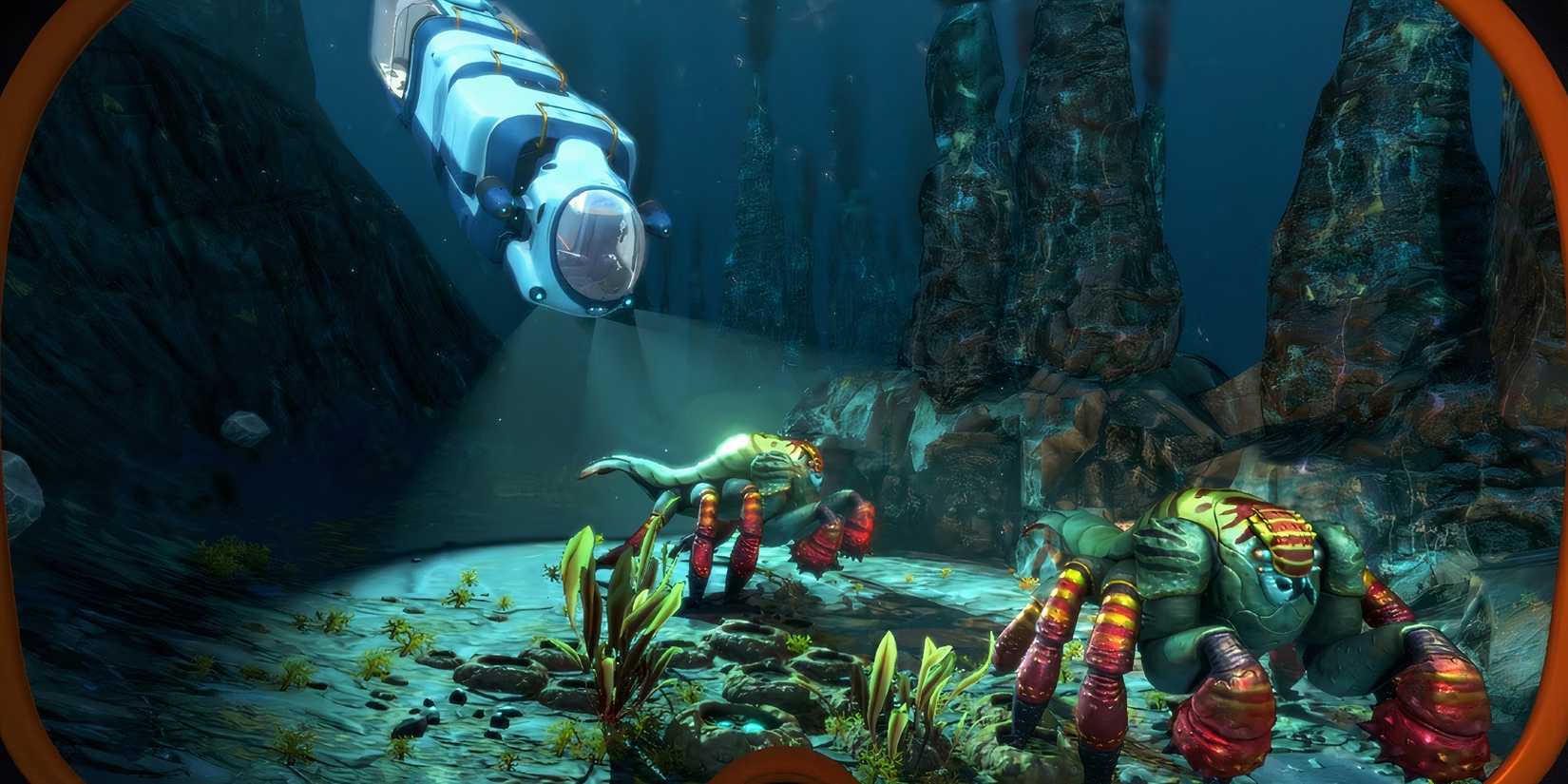 the underwater vessel exploring the different flora in Subnautica
