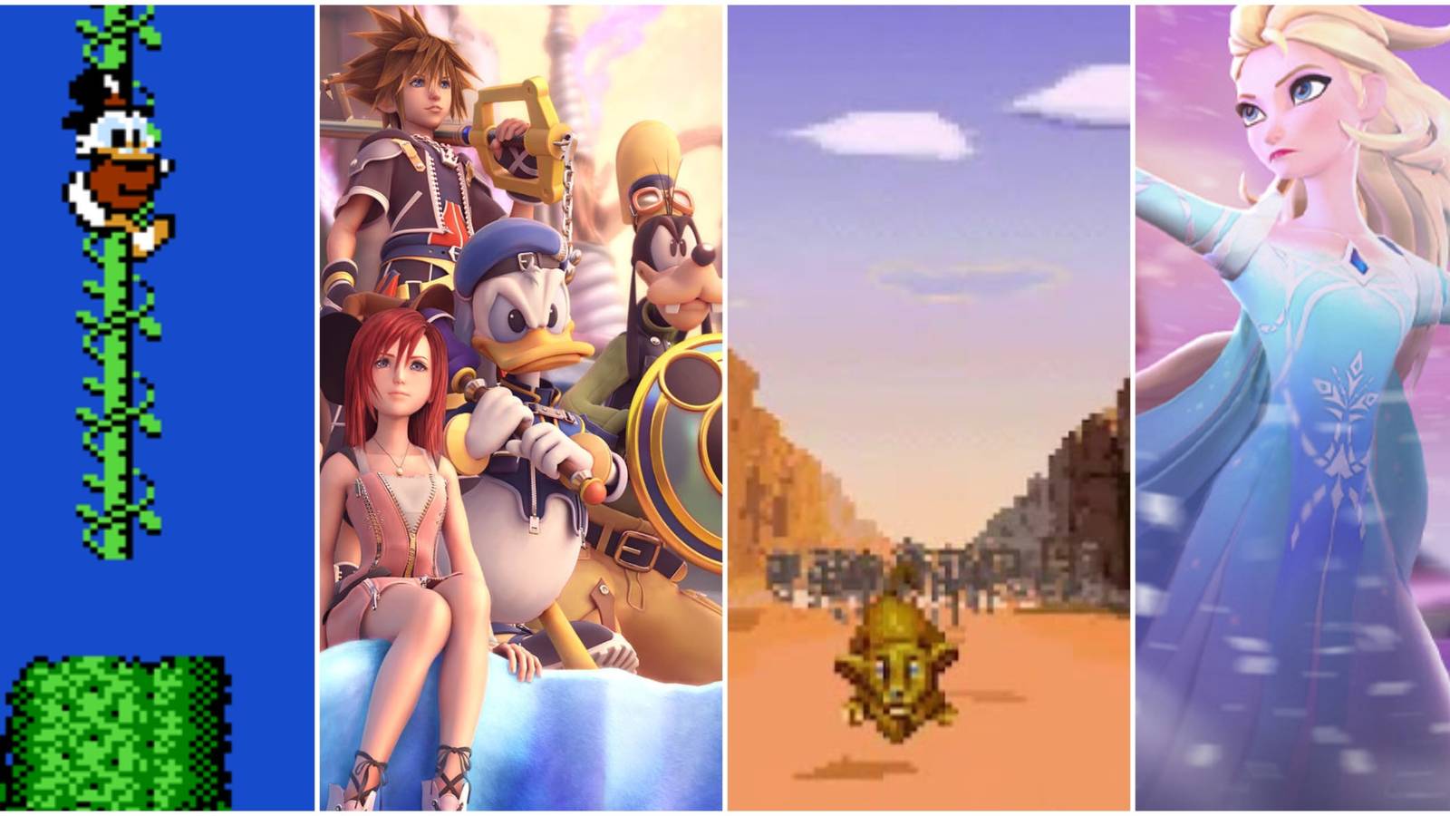 A collage of images from the Disney games Ducktales, The Lion King, Kingdom Hearts 2 and Disney Mirrorverse