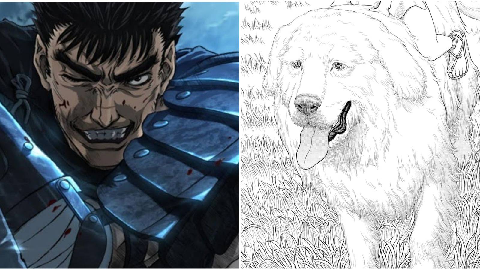 A split image of manga written by Kentaro Miura