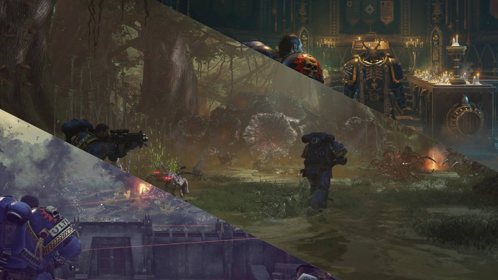 Space Marine 2 - 3 Way Split Image Of Battle and the Chaplain