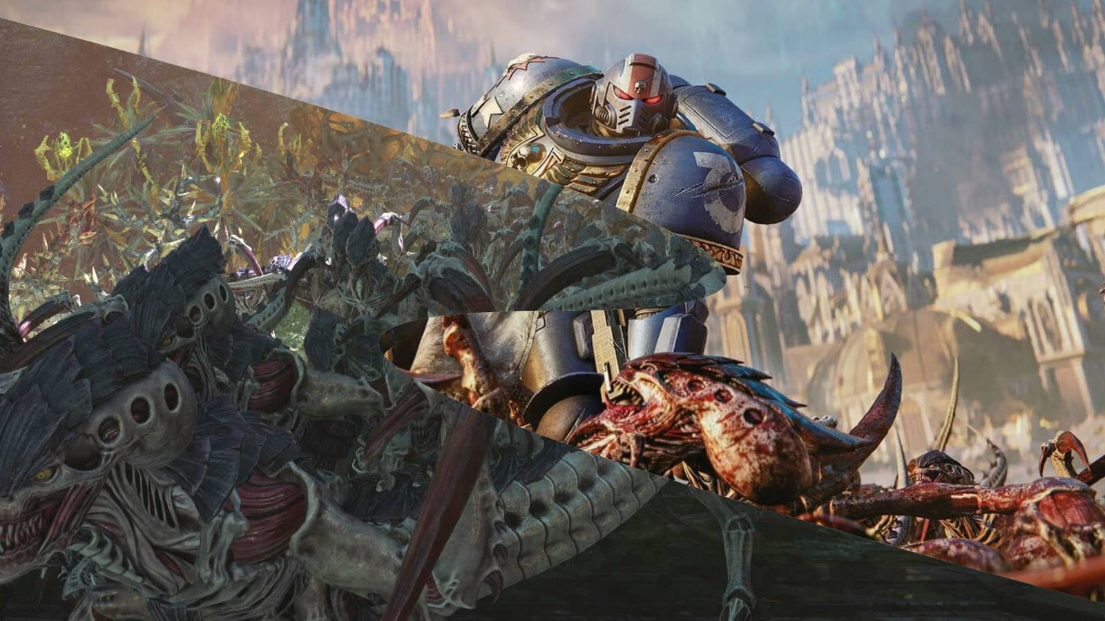 Space Marine 2 - Split Image Of Tyranid Horde And Victorious Space Marine
