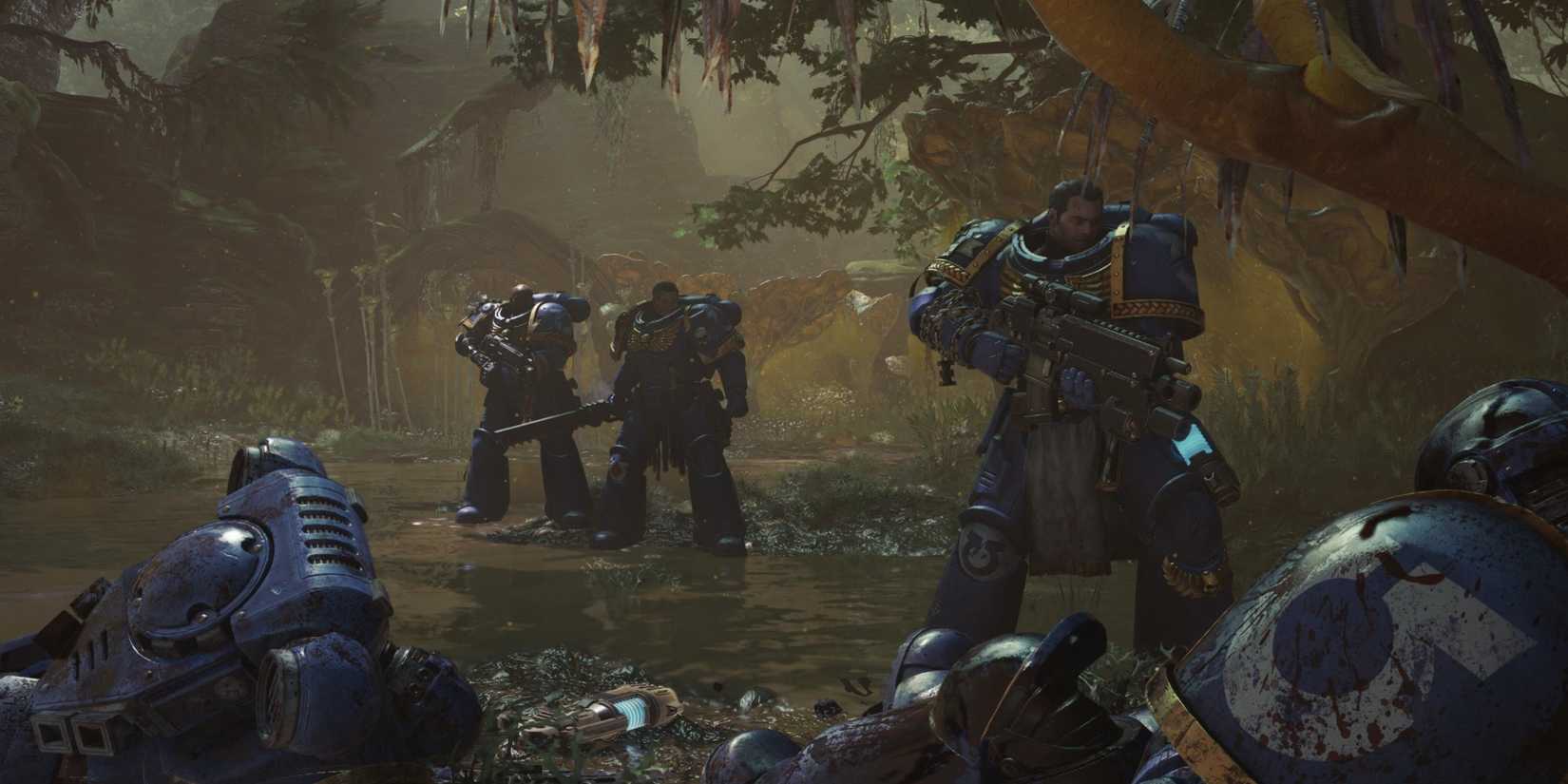 Space Marine 2 - Space Marine Looking Over Fallen Brothers